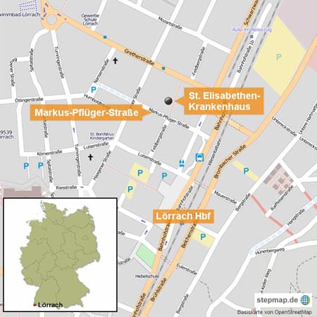 Tatort 1, das Wohnhaus in der Markus-Pflüger-Straße, liegt in unmittelbarer Nähe zum zweiten Tatort, dem Elisabethenkrankenhaus. (Karte: stepmap)