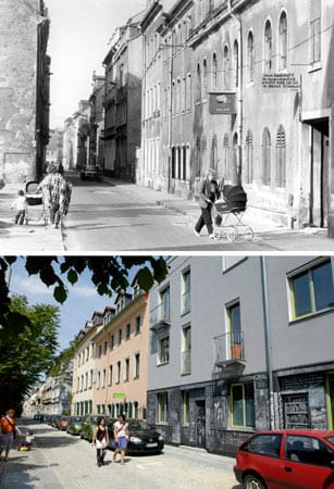 Stralsund: Die Häuser in der Frankenstraße Ende der 1980er Jahre und im sanierten Zustand.