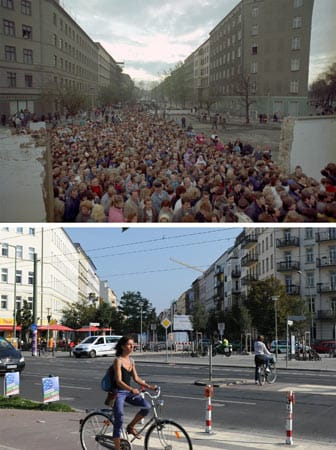 Bernauerstraße in Berlin: Am 12. November 1989 strömen Tausende durch den neugeschaffenen Durchgang in den Westen, heute sind die Häuserfassaden saniert und der Alltag ist eingekehrt.