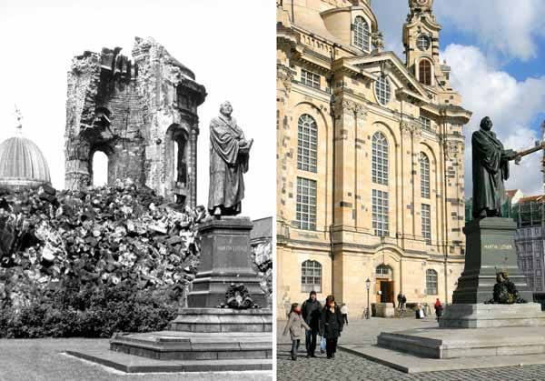 Die Frauenkirche in Dresden: Seit dem Zweiten Weltkrieg war sie eine Ruine, 2006 waren die umfangreichen Restaurierungs- und Wiederaufbauarbeiten abgeschlossen.