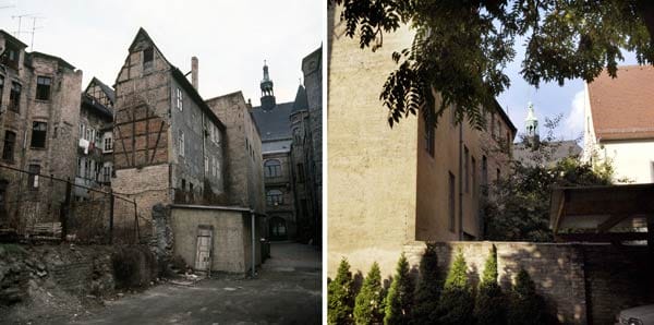 Halle (Saale): Verfallene Häuser in einem Hinterhof 1990 und 15 Jahre später im sanierten Zustand.