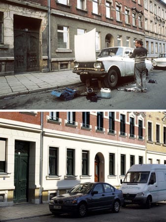 Leipzig: 1989 wurde in der Oelsnerstraße ein Moskwitsch repariert, 2005 parkt an gleicher Stelle ein BMW.