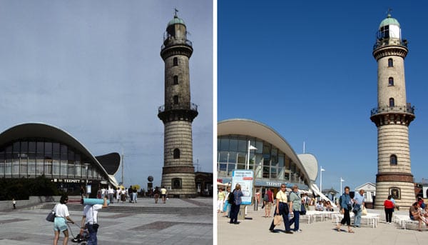 Das Osteseebad Warnemünde: Die Wahrzeichen der Seepromenade, Leuchtturm und Teepott, bestimmen nach wie vor das Bild.