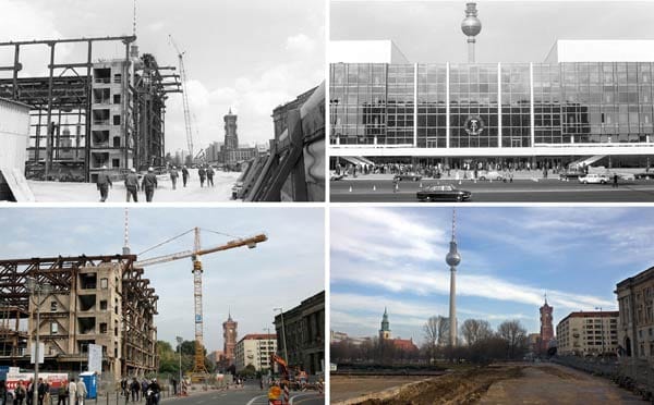 Der Palast der Republik im Wandel der Zeit: 1974 er sich im Aufbau (links oben),1976 wird er eröffnet (rechts oben) , 2007 beginnen die Abrissarbeiten (links unten), 2009 ist von ihm nichts mehr übrig (rechts unten).