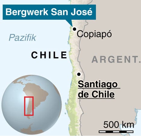 Hier im Norden Chiles, nahe der Stadt Copiapó, war die Mine am 5. August 2010 eingestürzt. (Grafik: dpa) Hier im Norden Chiles, nahe der Stadt Copiapó, war die Mine am 5. August 2010 eingestürzt. (Grafik: dpa)