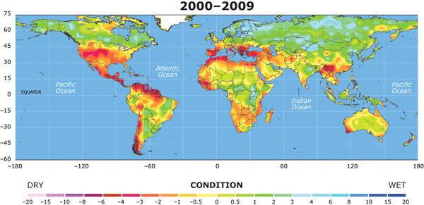 Die Verbreitung von Dürre auf der Welt in den Jahren 2000-2009. Die Forscher der neuen Klimastudie errechneten einen Index von -20 bis +20, der das Risiko für zu trockenes beziehungsweise zu feuchtes Klima auf der Erde angibt: Index "null" bedeutet "normale Bedingungen" (Grafik: NCAR)