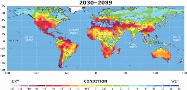 Voraussichtliche Verbreitung von Dürre auf der Welt in den Jahren 2030-2039 (Grafik: NCAR)