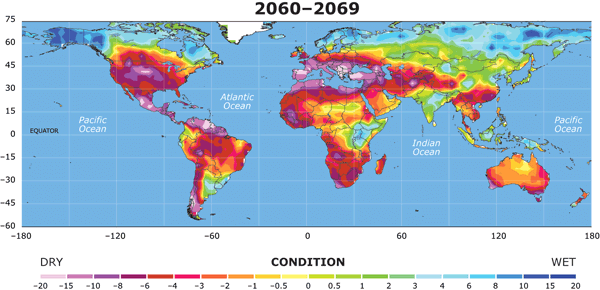 Voraussichtliche Verbreitung von Dürre auf der Welt in den Jahren 2060-2069 (Grafik: NCAR)