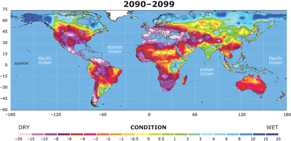 Voraussichtliche Verbreitung von Dürre auf der Welt in den Jahren 2090-2099 (Grafik: NCAR)