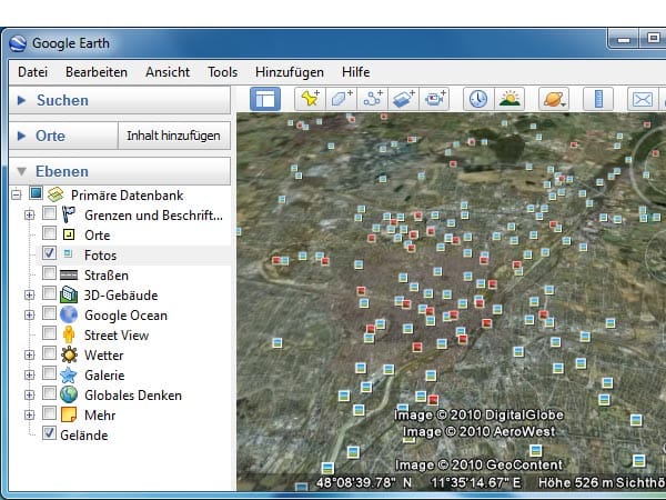 Neuer Fotos-Layer in Google Earth (Screenshot: t-online.de)