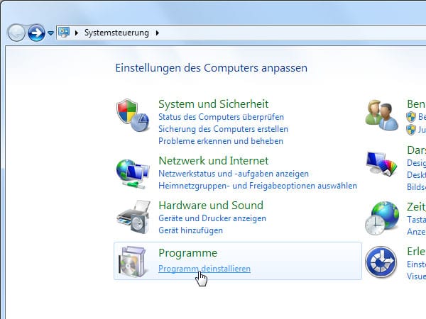 Programme deinstallieren unter Windows 7 und Vista (Screenshot: t-online.de)