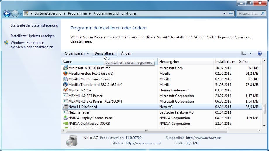 Programme deinstallieren unter Windows 7 und Vista