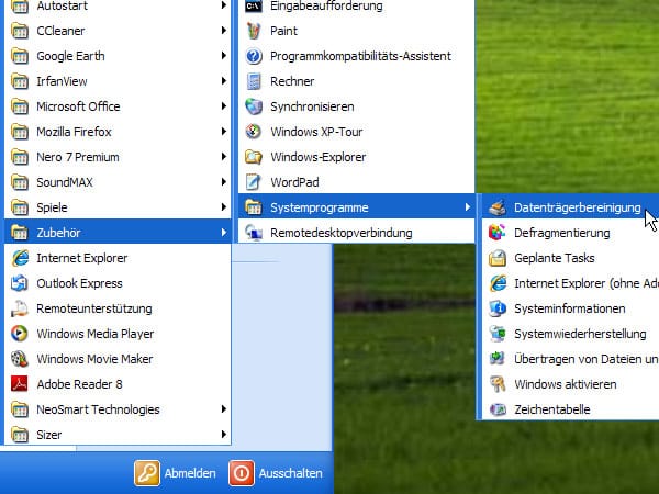 Nutzer von Windows XP finden die Datenträgerbereinigung im Startmenü unter "Alle Programme", "Zubehör", "Systemprogramme".