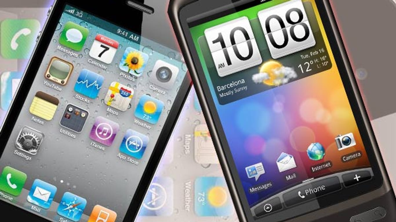 Das iPhone 4 sowie das HTC Desire gehören zu den beliebtesten Smartphones. (Montage: t-online.de)