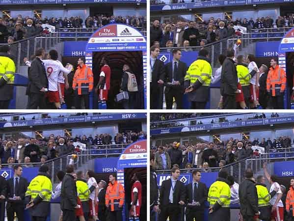 Bei Paolo Guerrero vom Fußball-Bundesligisten Hamburger SV brennen nach einer Partie die Sicherungen durch: Er wirft einem pöbelnden Fan seine Trinkflasche ins Gesicht. Der Peruaner wird für vier Spiele gesperrt und muss 50.000 Euro Strafe zahlen.