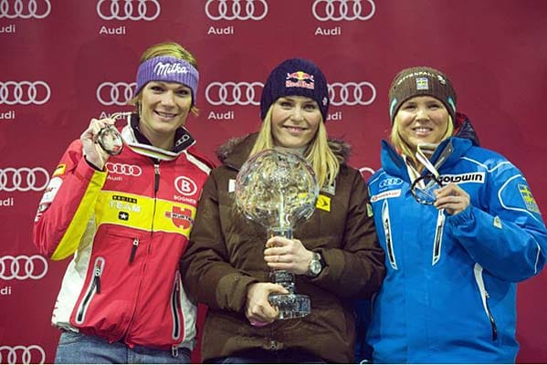 Lindsey Vonn gewinnt 2010 das dritte Mal nacheinander den Gesamtweltcup, Maria Riesch wird Zweite. Anja Paerson (r.) freut sich über den dritten Podestplatz.