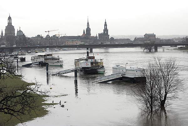 Auch an der Elbe in Dresden tritt das Wasser über die Ufer.