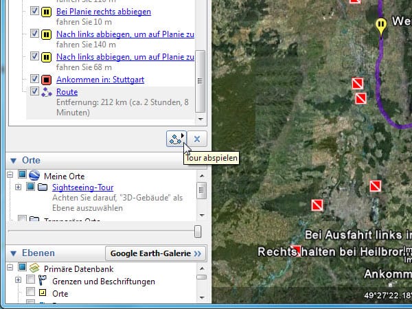 Reisen in Google Earth (Screenshot: t-online.de)
