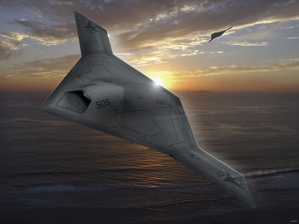 Drohne im Einsatz (Computergrafik): Dank ihrer Stealth-Eigenschaften und der höheren Geschwindigkeit wäre die X-47B voraussichtlich auch in einem Krieg gegen einen feindlichen Staat einsetzbar, der mit moderner Flugabwehr ausgerüstet ist.
