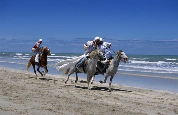 Tunesier auf Pferden während eines traditionellen Wettreitens anlässlich einer Berber Hochzeit am Strand von Djerba, Tunesien.