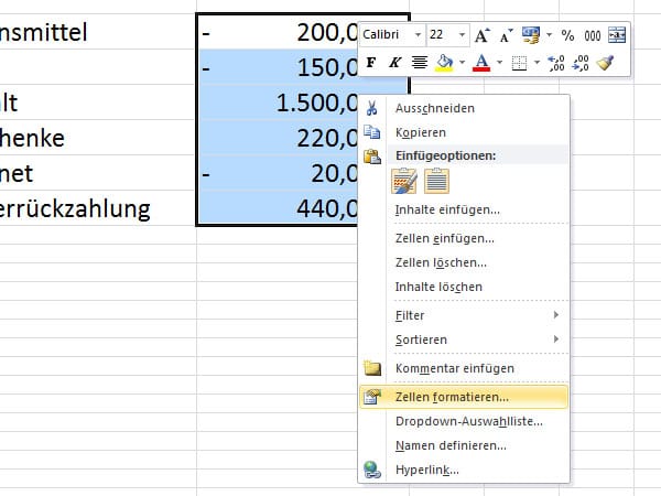 Excel-Positive und negative Zahlen kennzeichnen (Screenshot: t-online.de)