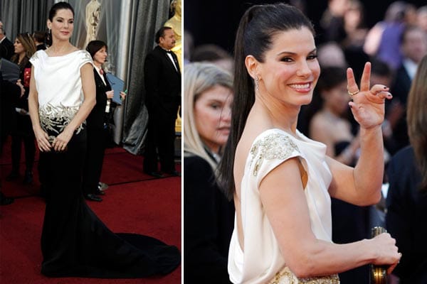 Nur Eine kam da in Frage, US-Schauspielerin Sandra Bullock glänzte in einer Kreation aus der Kollektion von Marchesa. Das schwarz-weiße Abendkleid aus Seide war Gold bestickt und wirkte sehr elegant.