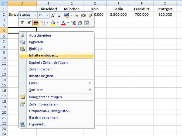 Excel Zeilen in Spalten verwandeln und umgekehrt (Screenshot: t-online.de)