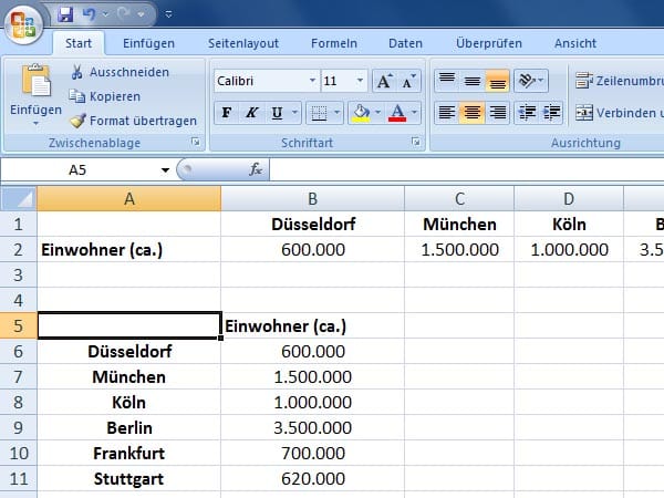 Excel Zeilen in Spalten verwandeln und umgekehrt (Screenshot: t-online.de)