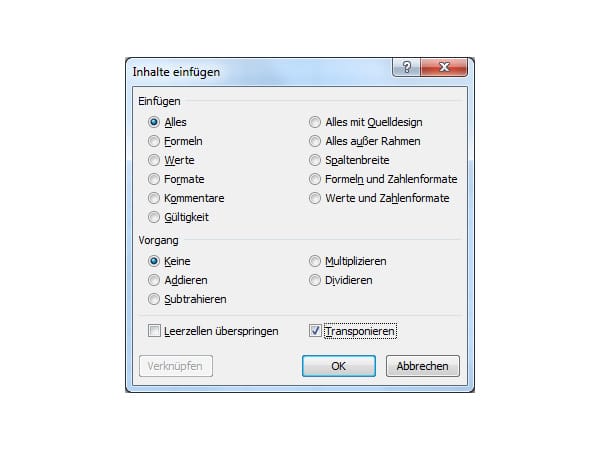 Excel Zeilen in Spalten verwandeln und umgekehrt (Screenshot: t-online.de)