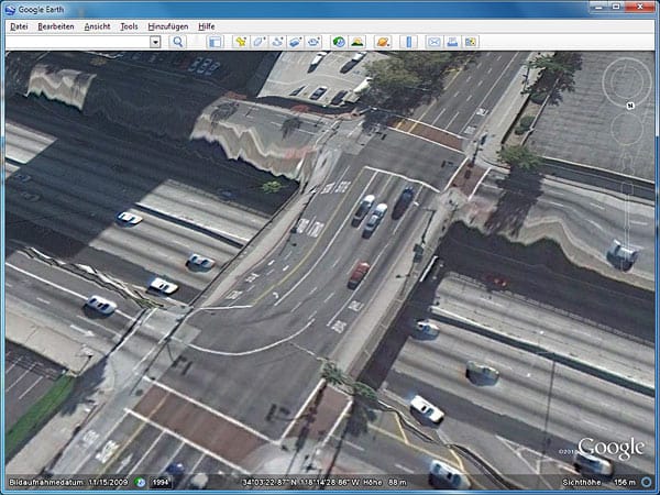 Google Earth: Straßenkreuzung in Los Angeles, USA (Screenshot: t-online.de)