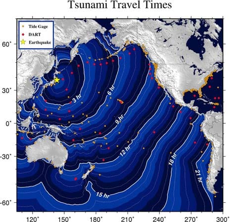 Die Karte der US-Wetterbehörde NOAA zeigt, wie lange der Tsunami für seinen Weg über den Pazifik benötigt. In Amerika verursacht der Tsunami keine größeren Schäden.