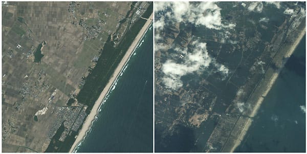 Satellitenbilder verdeutlichen die katastrophalen Auswirkungen des Erdbebens und des daran anschließenden Tsunamis auf die Nordostküste Japans. Bei der Stadt Sendai verwüstete eine zehn Meter hohe Welle das Land.