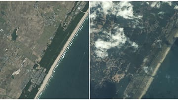 Satellitenbilder verdeutlichen die katastrophalen Auswirkungen des Erdbebens und des daran anschließenden Tsunamis auf die Nordostküste Japans. Bei der Stadt Sendai verwüstete eine zehn Meter hohe Welle das Land.