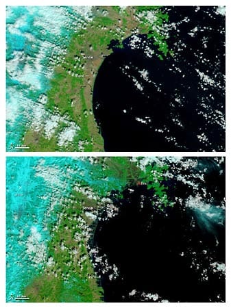 Die Sendai-Region vor (oben) und nach dem Beben, aufgenommen von einem NASA-Satelliten.