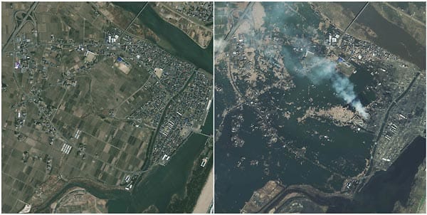 Dieses Bild zeigt die Stadt Natori - vor und nach dem Erdbeben.