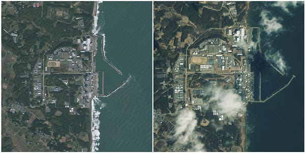 Diese Aufnahmen zeigen das Atomkraftwerk Fukushima - links ein Foto von 2009, rechts das Foto nach dem Erdbeben.