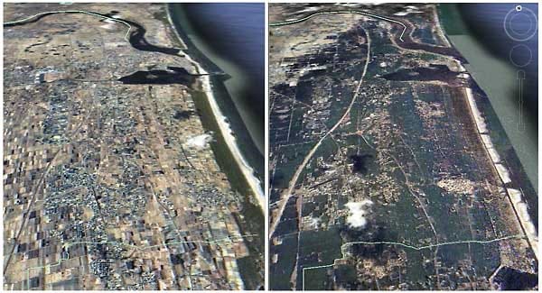 Das Sendai-Gebiet vor dem Tsunami und danach.
