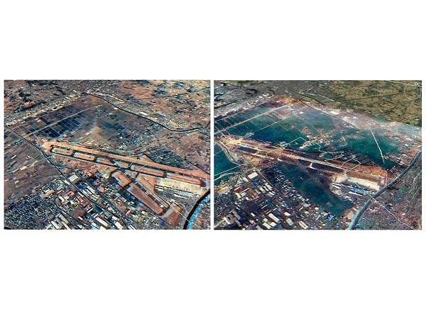 Der Sendai-Flughafen - links vor der Katastrophe, rechts danach. (Fotos: Reuters/Formosat)