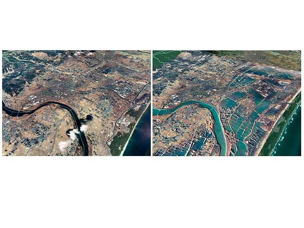 Noch einmal Sendai aus der Satellitenperspektive - links vor, rechts nach dem Tsunami. (Fotos: Reuters/Formosat)