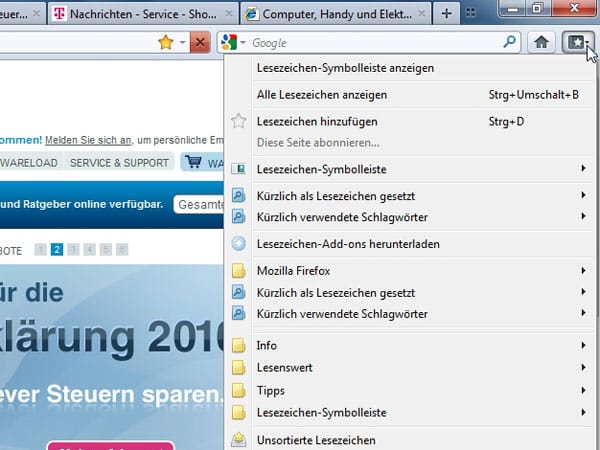 Firefox: Neue Funktionen (Screenshot: t-online.de)