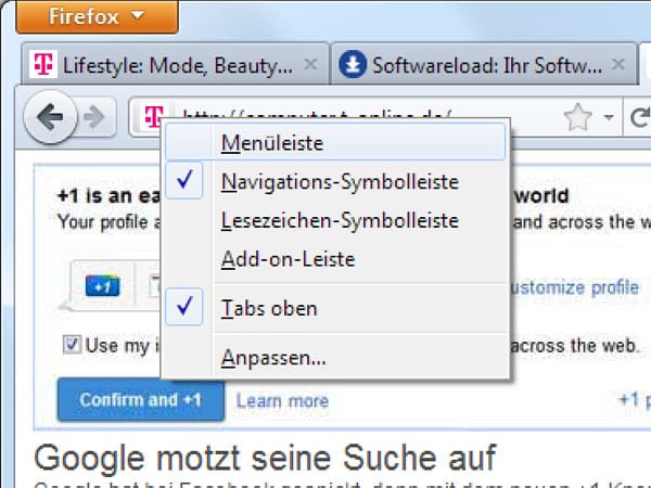 Firefox: Neue Funktionen (Screenshot: t-online.de)