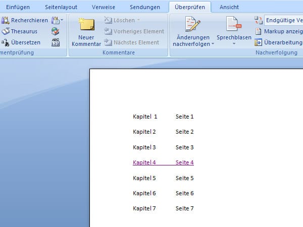 Wenn Sie jetzt zu Ihrem Dokument zurückkehren, ist der Link farblich gekennzeichnet. Ein Klick auf den Eintrag bei gedrückter Strg-Taste genügt, um die Einfügemarke am Anfang des entsprechenden Kapitels zu platzieren.