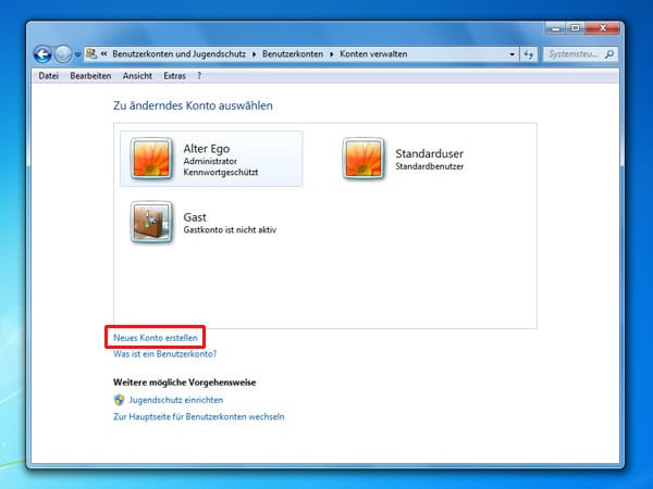 Neues Benutzerkonto unter Windows 7 anlegen (Bild: t-online.de)