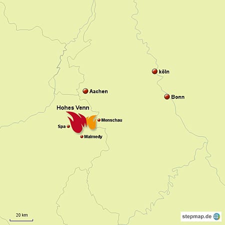 Der Deutsch-Belgische Naturpark erstreckt sich auf einer Fläche von rund 2700 Quadratkilometern in Nordrhein-Westfalen, Rheinland-Pfalz und Ostbelgien. Das brennende Gebiet befindet sich in der Nähe von Aachen. (Karte: Stepmap) Der Deutsch-Belgische Naturpark erstreckt sich auf einer Fläche von rund 2700 Quadratkilometern in Nordrhein-Westfalen, Rheinland-Pfalz und Ostbelgien. Das brennende Gebiet befindet sich in der Nähe von Aachen. (Karte: Stepmap)