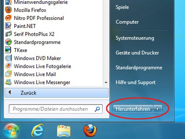 Windows 7 schneller herunterfahren (Screenshot: t-online.de)