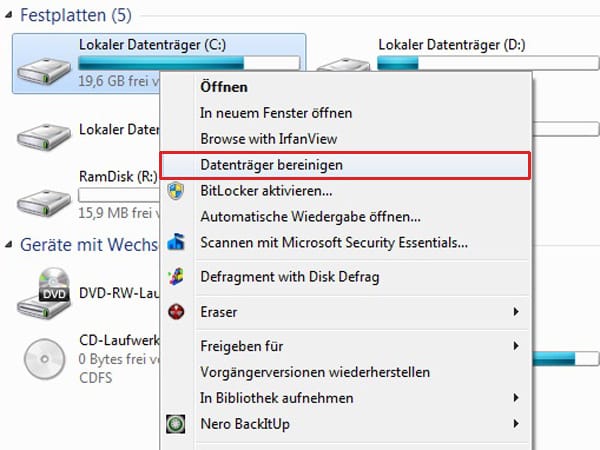 Datenträger bereinigen aus dem Kontextmenü (Screenshot: t-online.de)