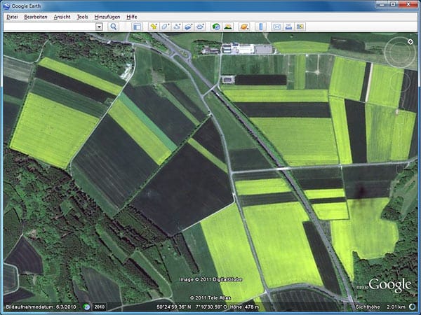 Rapsfelder in Google Earth (Screenshot: t-online.de)