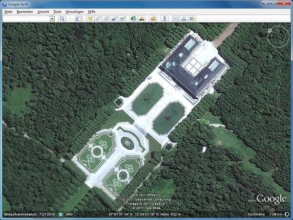 Schloss Herrenchiemsee in Google Earth (Screenshot: t-online.de)