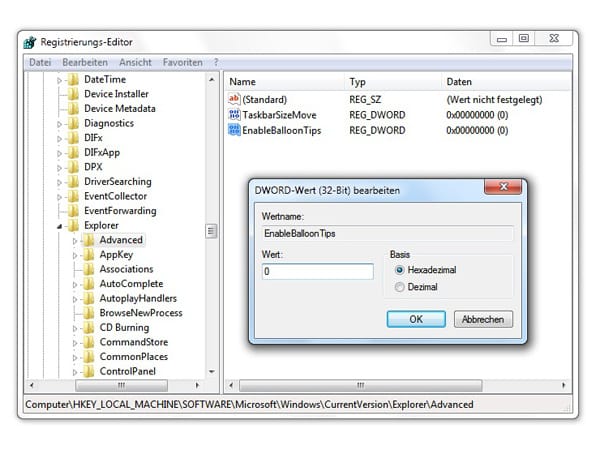 Sprechblasen unter Windows 7 deaktivieren (Screenshot: t-online.de)