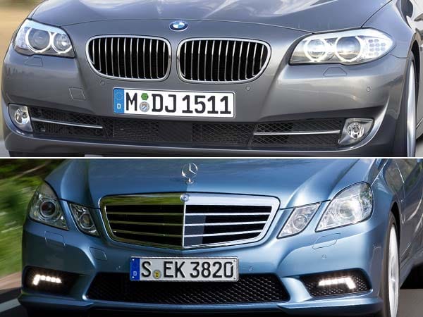 Das Vier-Augen-Prinzip: Jaguar hat es inzwischen verlassen, aber bei BMW ist es nach wie vor ein Markenzeichen. Auf besten Weg dahin ist auch das Gesicht der E-Klasse von Mercedes-Benz. (Fotos: BMW, Daimler)